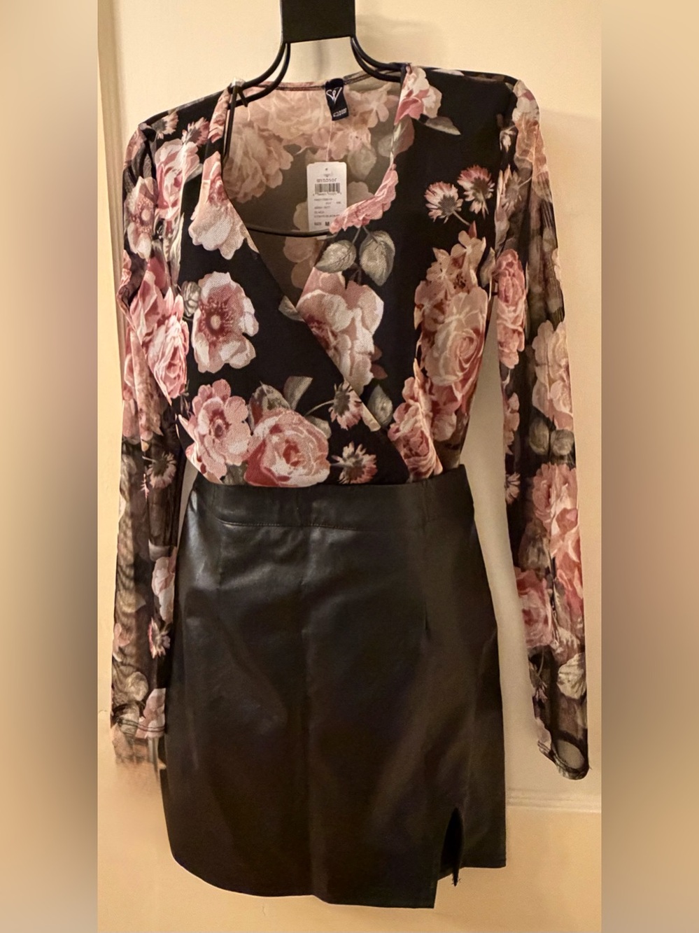 Black Floral Wrap-Front Long-Sleeve Bodysuit - Picture 2 of 8